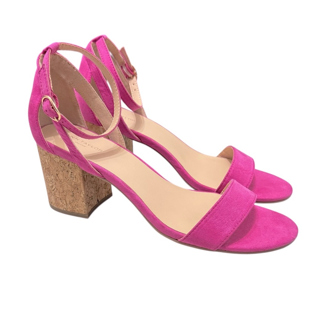 Ann Taylor Pink Suede Ankle Strap Block Heel Peep Toe Sandal Size 9